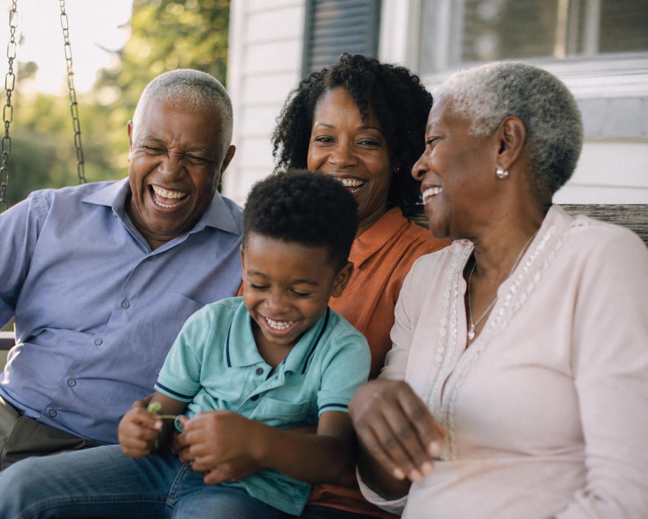 Three generations of a family laughing together on a front porch swing after securing final expense insurance